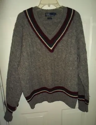 Vtg Polo Ralph Lauren Sz XL CableKnit Wool V-Neck Tennis Or Cricket Sweater Gray • $74.99