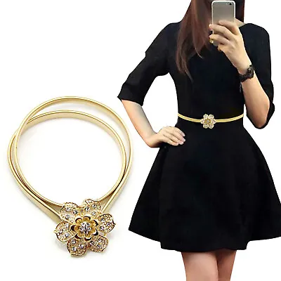 £6.05 • Buy Ladies Gold Belt With Flower Diamante Buckle Metal Skinny Waistband For Fashion