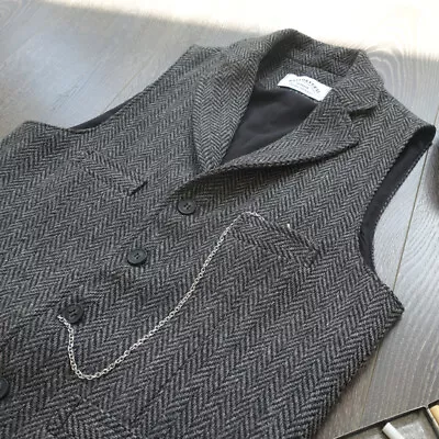 British Vintage Tweed Herringbone Flat Collar Slim Fit Wool Tooling Male Vest • $54.79