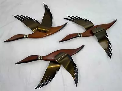 Vtg Masketeers Mid Century Modern Flying Duck Geese Teak Wood Brass Wall Art Set • $120