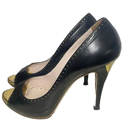 Miu Miu Black Leather Peep Toe Stiletto Pumps With Gold Heels 38.5 Italy • $35.20