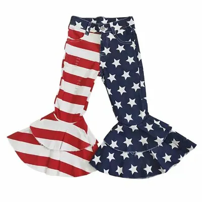 $21.99 • Buy Girls American Flag 4th Of July Distressed Denim Double Ruffle Bell Bottoms 