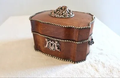 Antique Jewelry Trinket Box Oak Wood And Brass Musician Cherubs Decor 19th Cent • $449.10