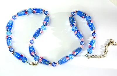 Vintage Murano Venetian Art Glass Bead Necklace Blue Pink Venetian Jewelry • $73.09