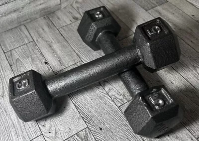 Pair Of 5 Pound (10 Lbs Total) Hex Cast Iron Dumbbells Free Hand Weights  Used • $12.97
