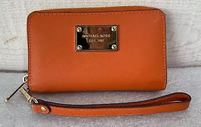 MICHAEL KORS Zipper Wristlet Wallet Credit Cards Orange Cross Grain Leather 1762 • $39.99