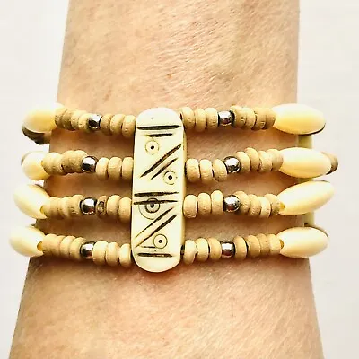 Seeing Eye Cuff Stretch Bracelet Celluloid Wood Beads Totem Natural Jewelry 6” • $19.20