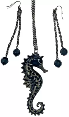 MCM Brass Enamel 3'' Seahorse Pendant Necklace Dangle Drop Hook Earrings Set VTG • $25.16