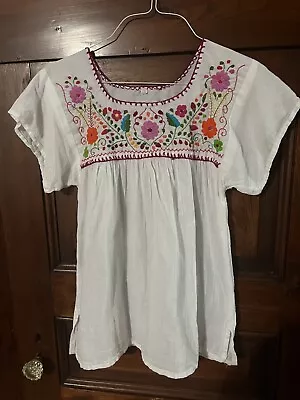 Vintage White Gauze Mexican Floral Hand Embroidered Top Blouse S Boho • $24.95