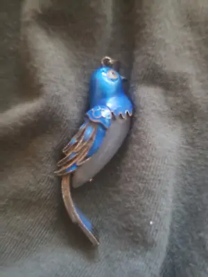 Vintage Enamel  And Jade Vibrant Blue Colored Bird Pendant 2  Long • $45.95