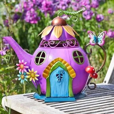 Garden Fairy House Ornament Outdoor Pixie Teapot Patio Decoration Metal Flower • £18.99