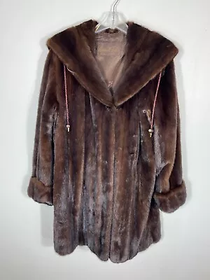 Classic MINK Fur Jacket Brown HOOD Large 36  Length Coat Marshall Fields • $1000