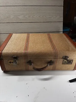  Vintage 1940s  Striped Suitcase  Tweed Brass Hardware Leather Trim 21x13.5x6.5 • $61.96