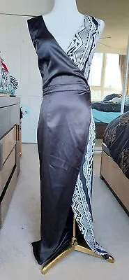 ELLE ZEITOUNE Black White Maxi Dress Wrap Buttons Geometric Slit Satin Size 6 • $85