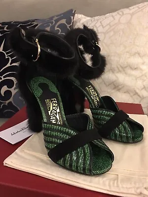 NIB $1690 Salvatore Ferragamo Fata Black Mink Fur Green Reptile Leather Pump 5.5 • $495