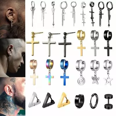 1Pc Punk Men Women Stainless Steel Cross Stud Earring Ear Clip Hip Hop Jewelry • £2.63