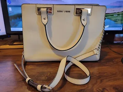 AUTHENTIC MK Michael Kors White Satchel Leather Hand Bag Purse With Strap • $49.99