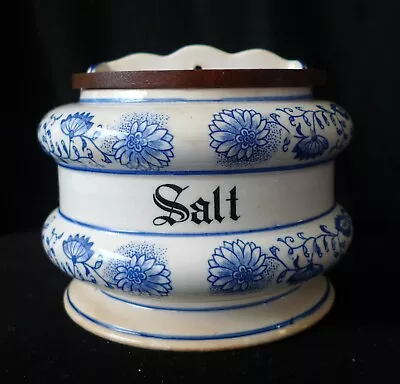 BLUE ONION SALT CELLER CROCK BOX Wall Mount With Original Wood Lid VINTAGE • $39.99