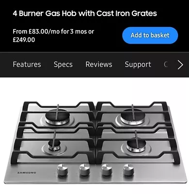 Samsung NA64H3010AS 60 Cm 4 Burners Gas Hob Stainless Steel • £70.28