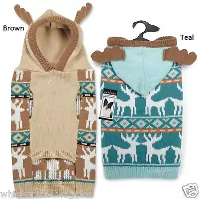 Zack & Zoey Elements Knitted Antler Hoodie Dog Sweaters In Brown Or Teal Blue • $17.49