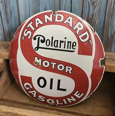 Vintage Polarine Motor Oil Standard Gasoline Porcelain Metal Gas Pump Plate Sign • $78