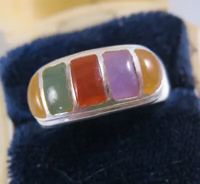 Vintage Chinese Multicolored Genuine Jadeite Jade Sterling Silver Ring Sgd IWI • $55