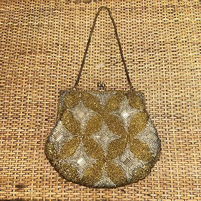 Vintage Gold Beaded Walborg 5.5”Clutch  Kiss Lock Evening Bag Made In Hong Kong • $99.88