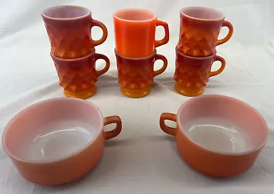 Anchor Hocking Fire King Kimberly Diamond Mug Coffee & Soup Cups Orange Lot Of 8 • $60.74