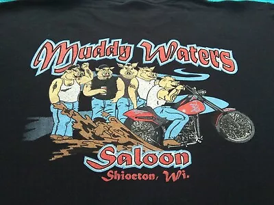 Black MUDDY WATERS SALOON Shiocton WI~sz LARGE L Lg T-Shirt~w/Pocket MOTORCYCLE • $11.99