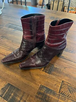 Vintage Via Spiga Croc Embossed Mid Calf Heel Side Zip Burgundy Boots Size 8 • $45