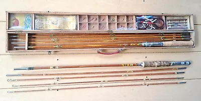 2 LOT Vtg JAPAN 5pc Bamboo Casting FLY Rods WOOD Box CASE Kit WHITE BEAR Tackle • $24.95