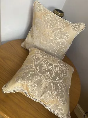 2 Vintage Tapestry Brocade Gold Grey Beige Cushions Braided Edges Country Style • £24.99