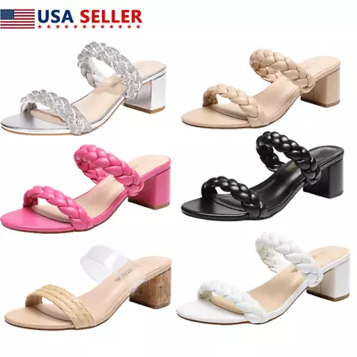 Women Slip On Sandals Low Chunky Heel Open Toe Two Strap Wedding Dress Shoes • $20.79