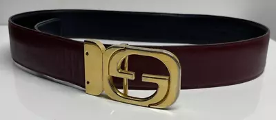 GENUINE Gucci Vintage 1970's Black/Maroon Leather Reversible Gold Buckle Belt M • $330