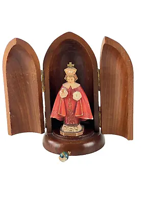 BROKEN Vintage Infant Jesus Of Prague Statue In Wooden Double Door Niche Toriart • $43.75