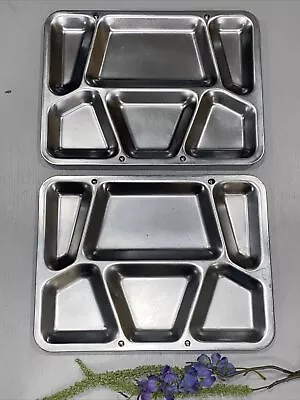 2 Vtg Stainless Steel US Navy Military Prison Cafeteria Divided Food Trays Pair • $29.88