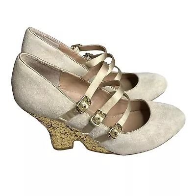 Miss Albright Anthropologie Sz 8 Suede Foxfire Wedge Gold Glitter Heel Cocktail • $36.95