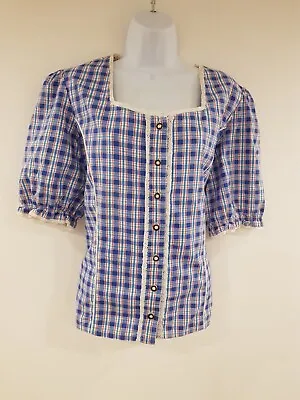 Vintage Shirt Blue White Cotton Dirndl Oktoberfest Summer Gingham Size 20 FLAW • £19.99