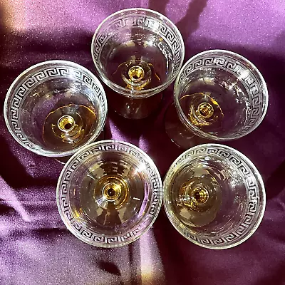 Delicate Etched Greek Key Sherbets With Amber Stems - Set Of 5 • $60
