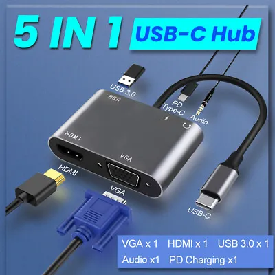 $27.90 • Buy 5 In 1 USB-C To VGA Adapter Hub 4K HDMI PD Type-C USB 3.0 For Macbook Pro IPad