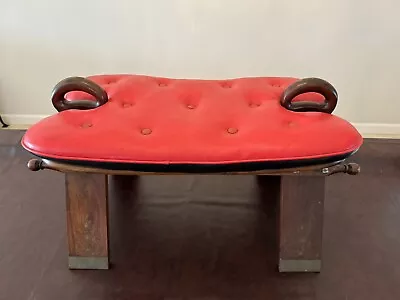 Vintage Camel Saddle Stool With Brass Inlay And Red Padded Seat • $125