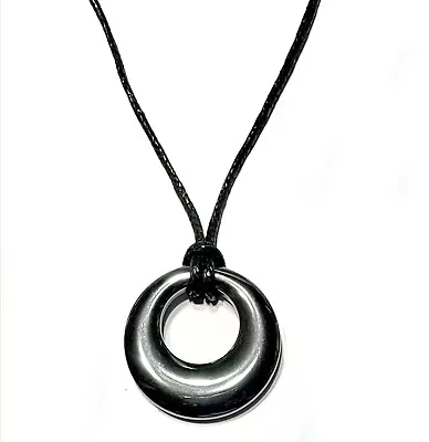 Natural Hematite Donut Shape Pendant Black Cord Necklace • £5.99