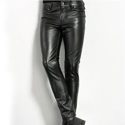 Men's Slim Fit Genuine Cowhide Leather Pants Tight Casual Trousers Pant • $122.99