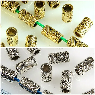 ANTIQUE SILVER~TUBE~TIBETAN STYLE~METAL~SPACER BEADS~10 X 6 MM ~ 3.5 MM HOLE • £1.59