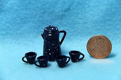 Dollhouse Miniature Coffee Pot With 4 Cups Blue Spatterware IM65200 • $2.69