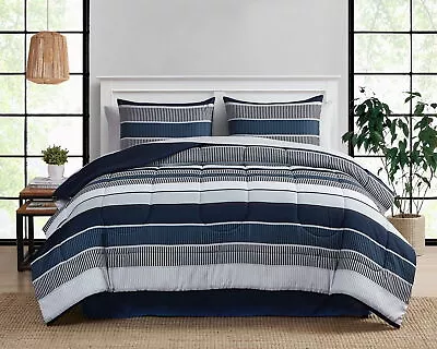 Mainstays Blue Stripe 8 Piece Bed In A Bag Comforter Set With Sheets Queen • $33.21