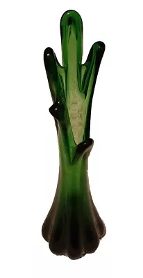 Vintage MCM 5 Finger Swung Glass Evergreen Vase 11” Ribbed Stunning • $42