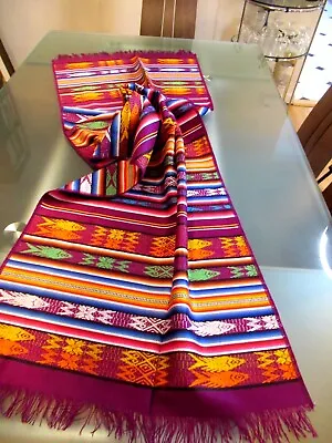 Mexican Maya Aztec Colorful Fringed Table Runner 64  X 19  - Made In Mexico • $40