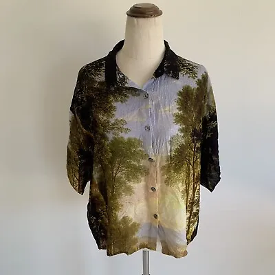 Desigual Size L Top Shirt Short Sleeve Collared Buttoned Digital Print • $49