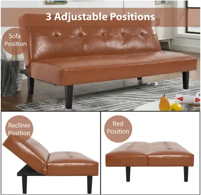 Convertible Sofa Bed Sleeper Couch Futon Reclining Tan Faux Leather Tufted New • $169.99